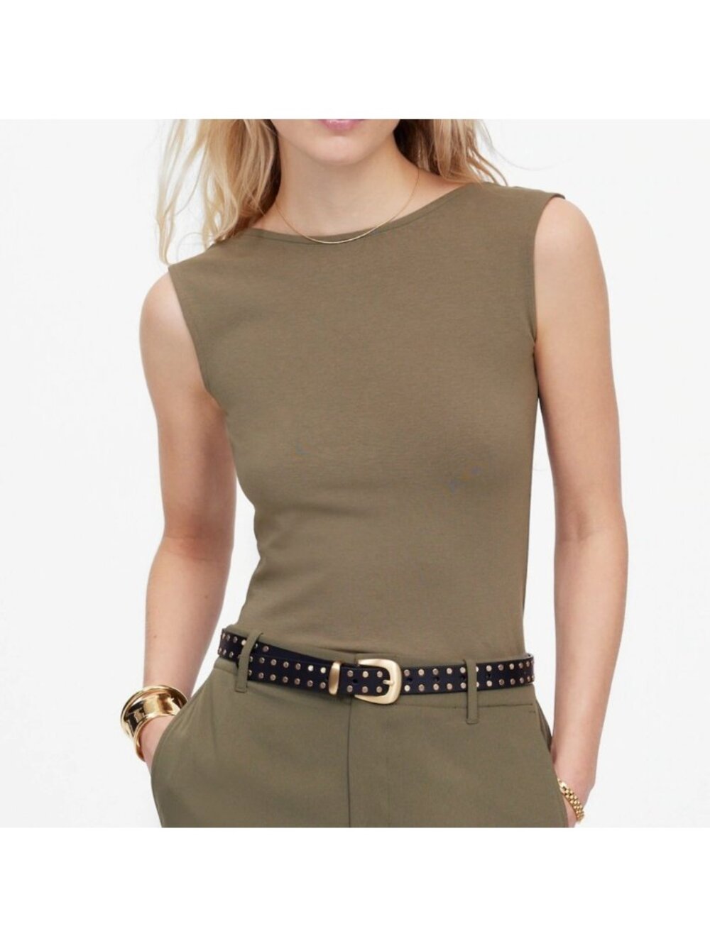 NWT Madewell Low-Back Tee Medium Olive Green Sleeveless Slim Fit Stretch NU851